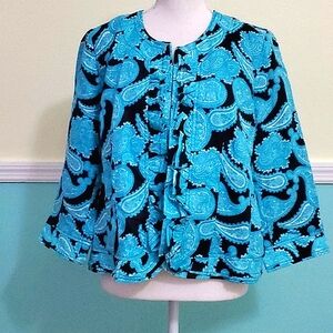 Kim by Kim Roges Black Turquoise Paisley Ruffled Linen Open Blazer Career LP